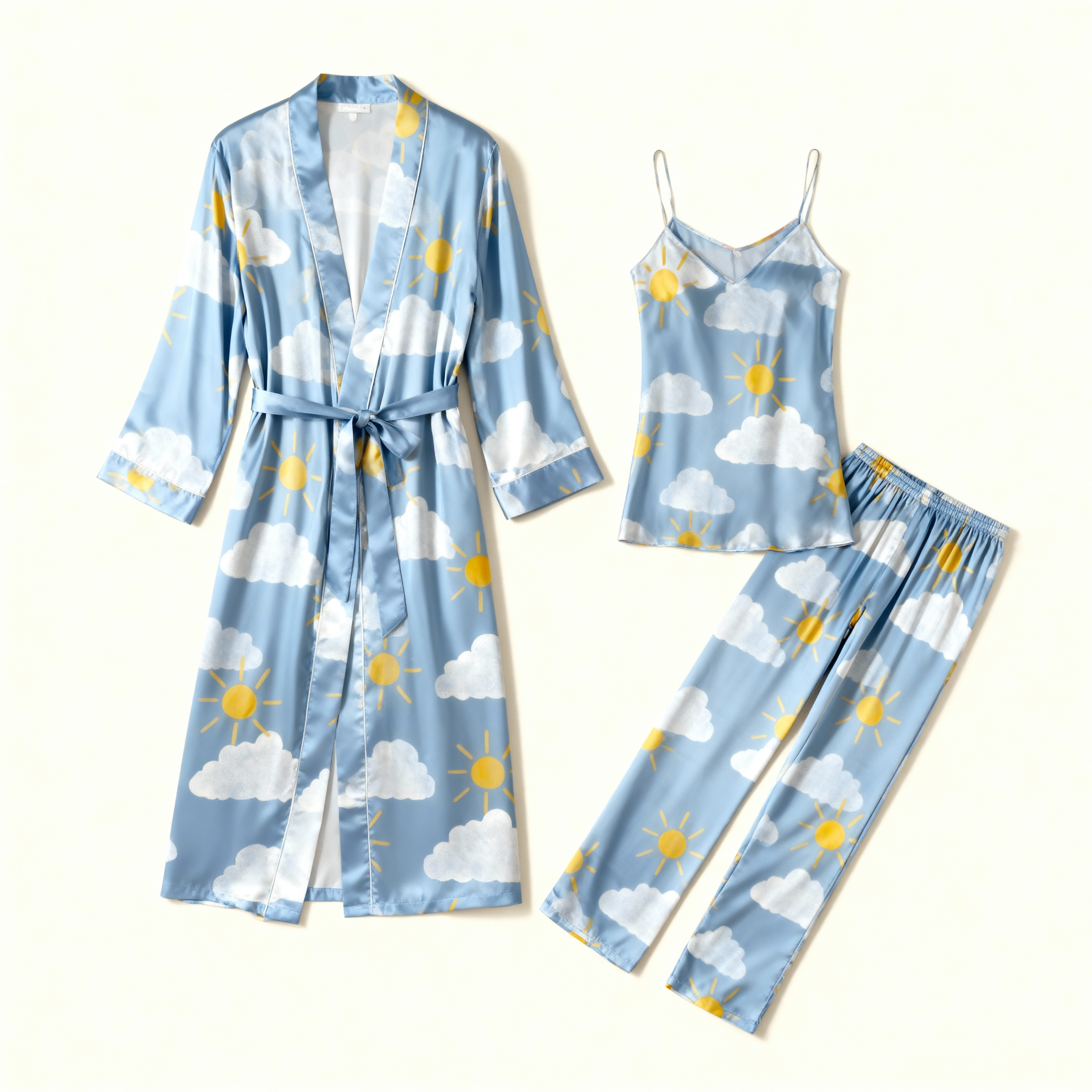 Women's 3-Piece Sun & Clouds Print Satin Sleep Pajama Set
