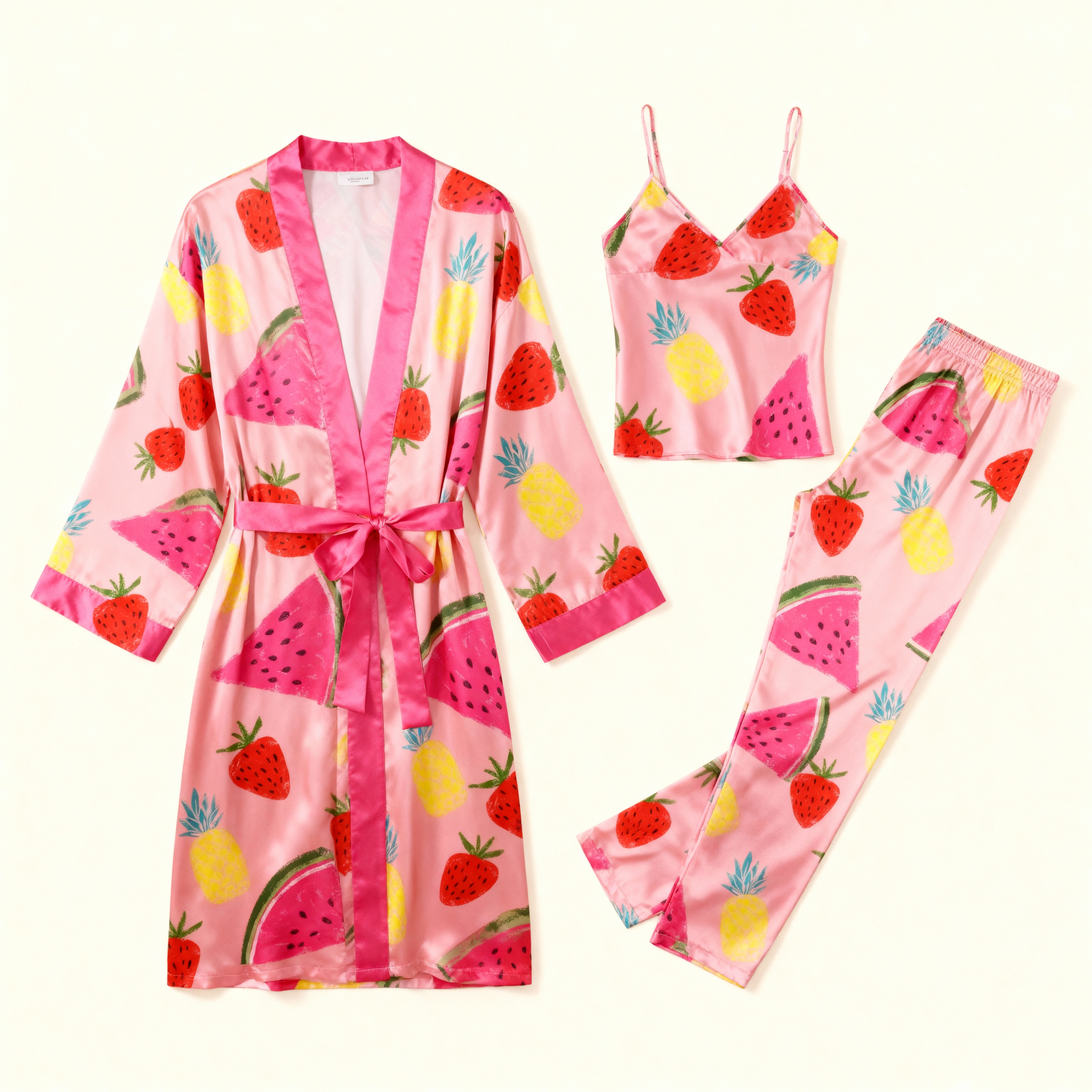 Women's 3-Piece Satin Watermelon and Pineapple Sleepwear Set