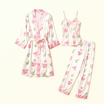 Women's 3-Piece Floral Satin Sleep Set: Robe+Cami+Pants