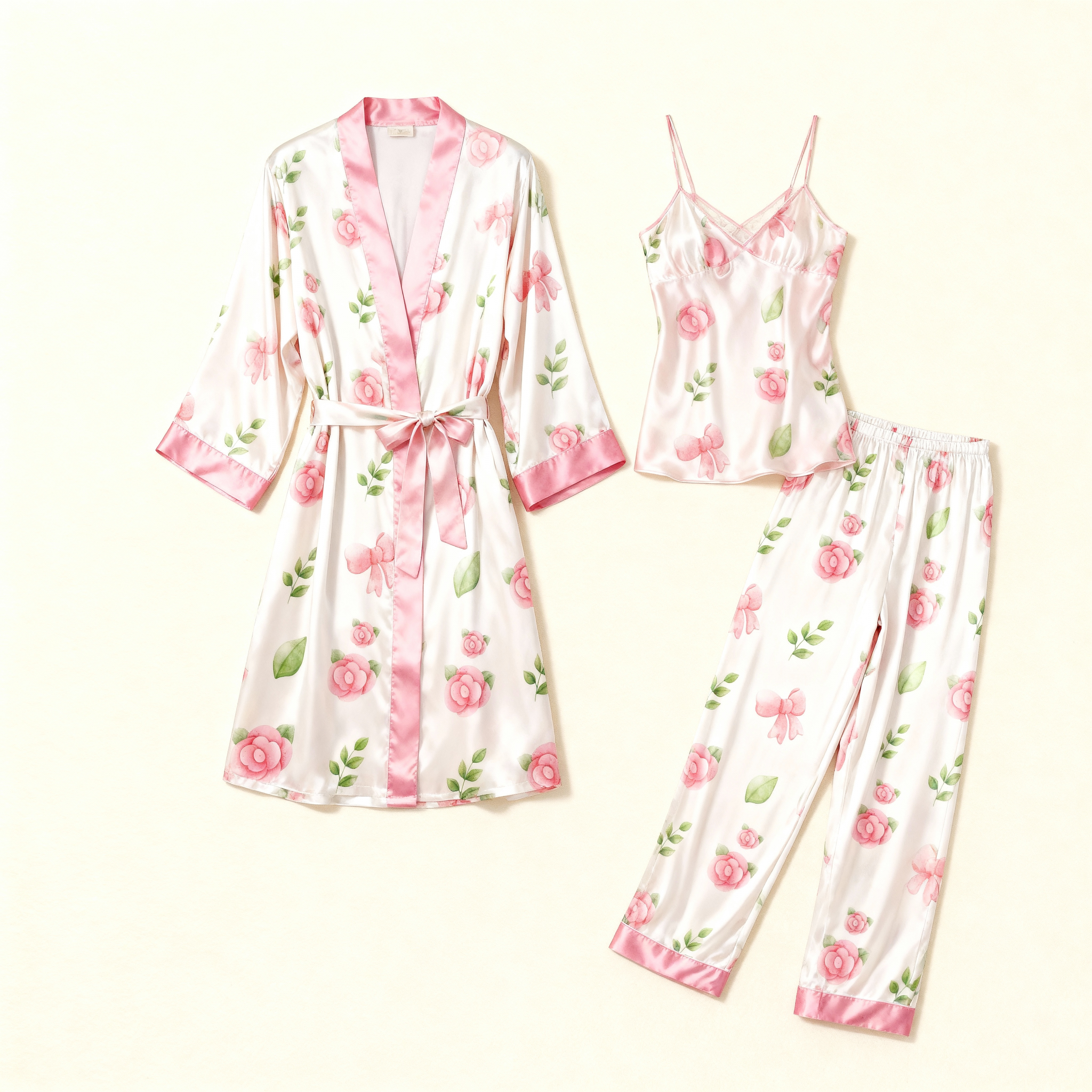 Women's 3-Piece Floral Satin Sleep Set: Robe+Cami+Pants
