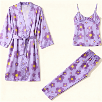Floral Print Satin Robe & Pajama Set