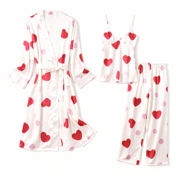 Women's 3pcs Heart Print Robe & Pajama Set