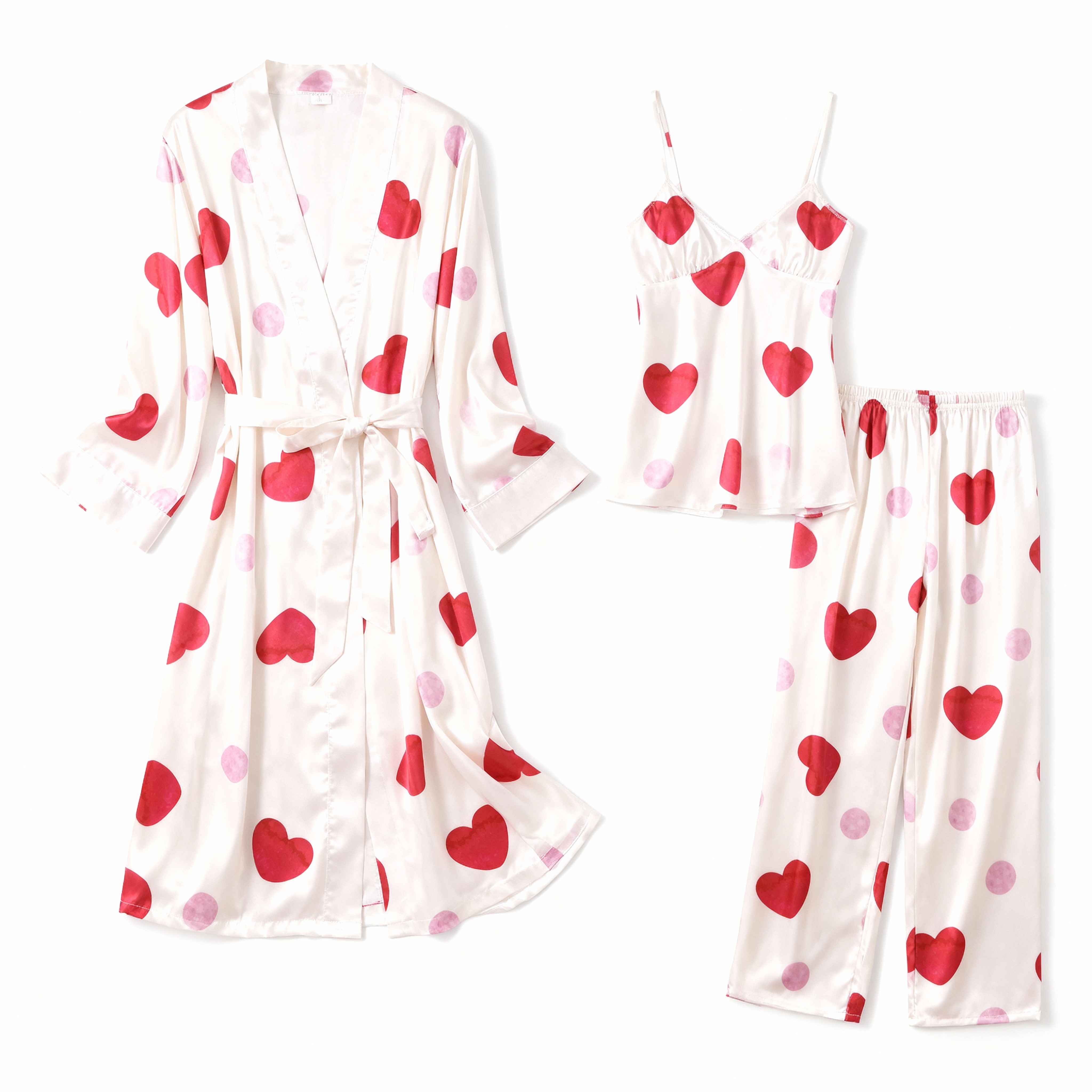 Women's 3pcs Heart Print Robe & Pajama Set