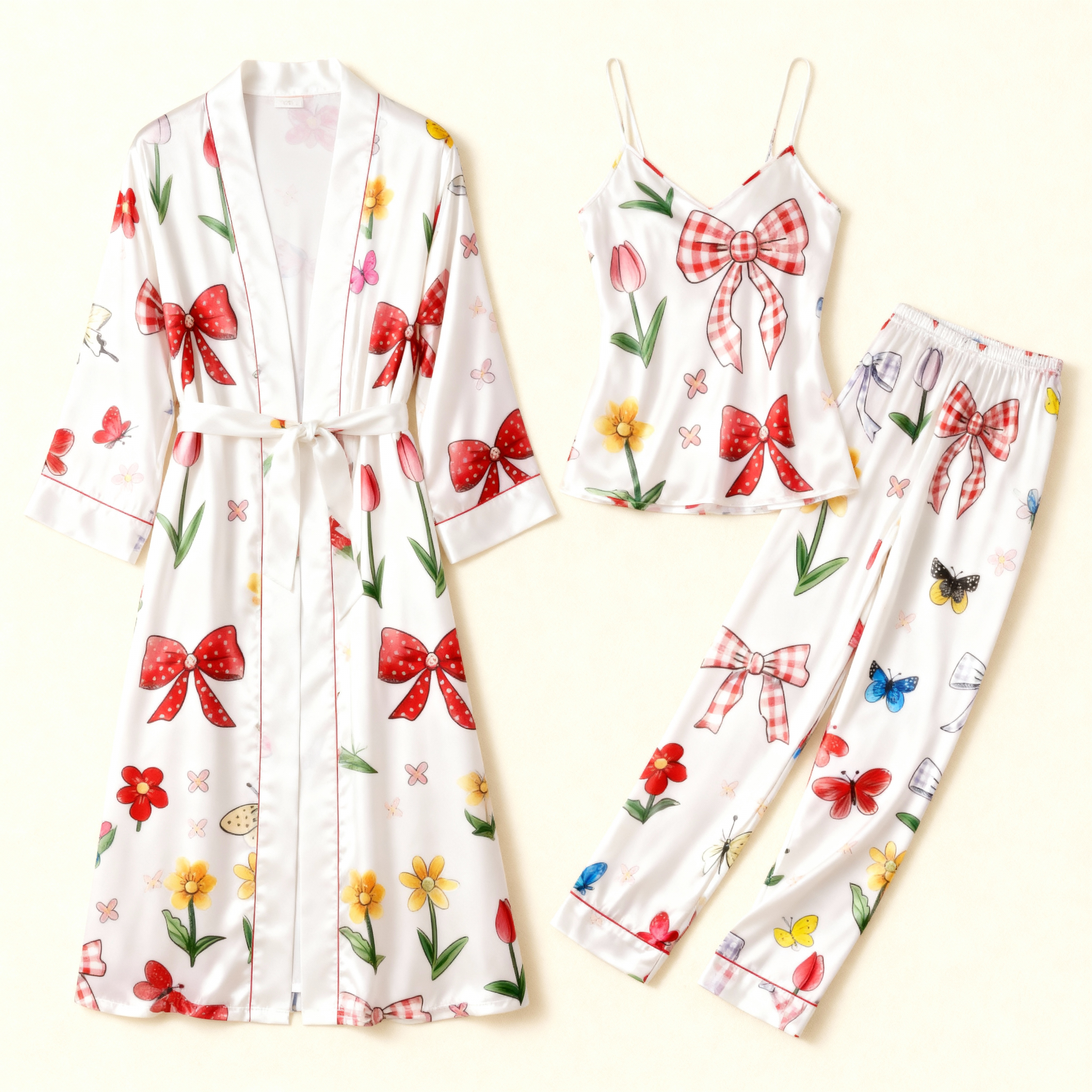 Women's 3pcs Bow-Adorned Satin Sleepwear Set