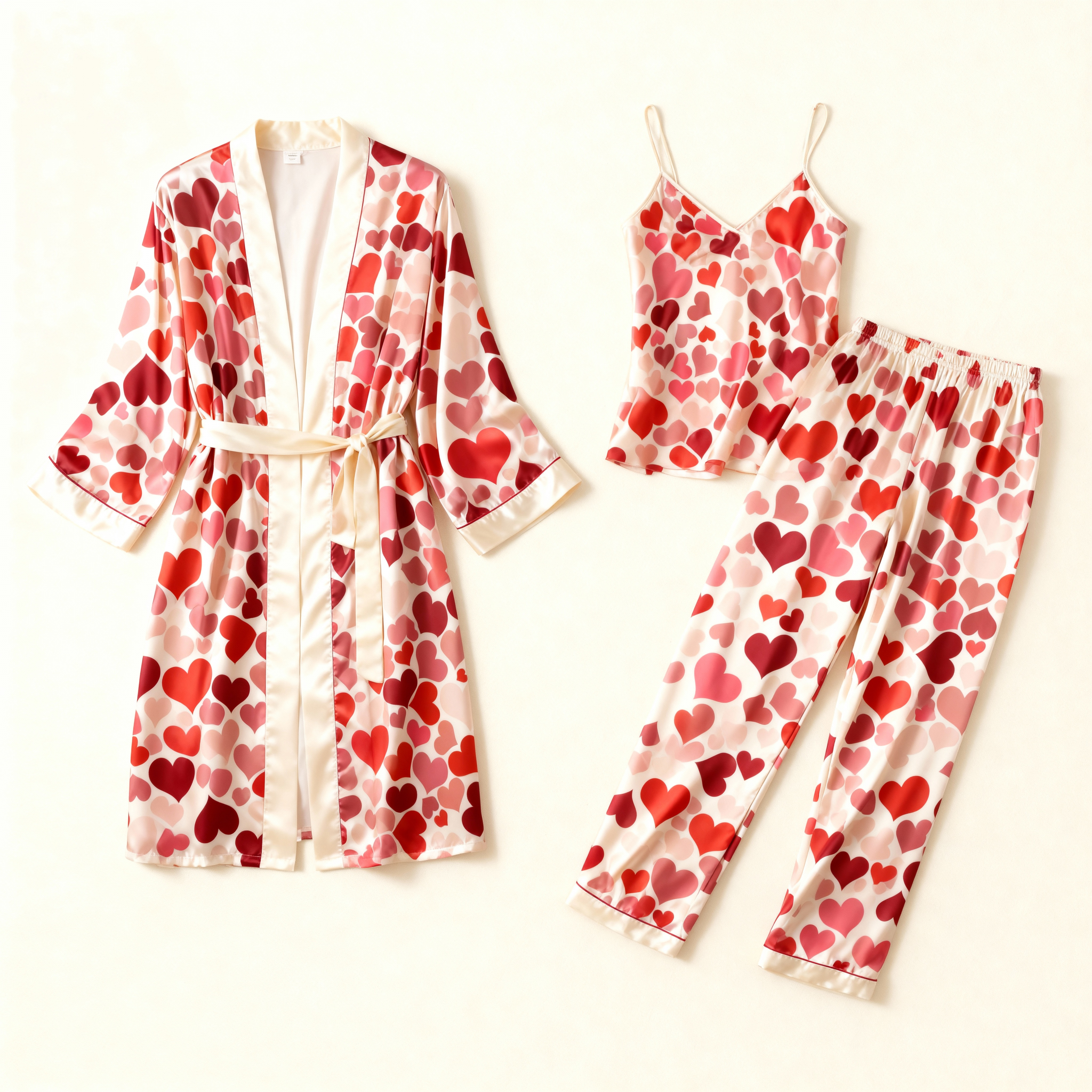 Women's 3pcs Romantic Heart Satin Sleepwear