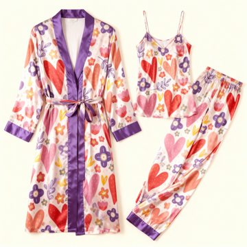 Women's 3pcs Chic Floral Satin Robe & Lounge Set