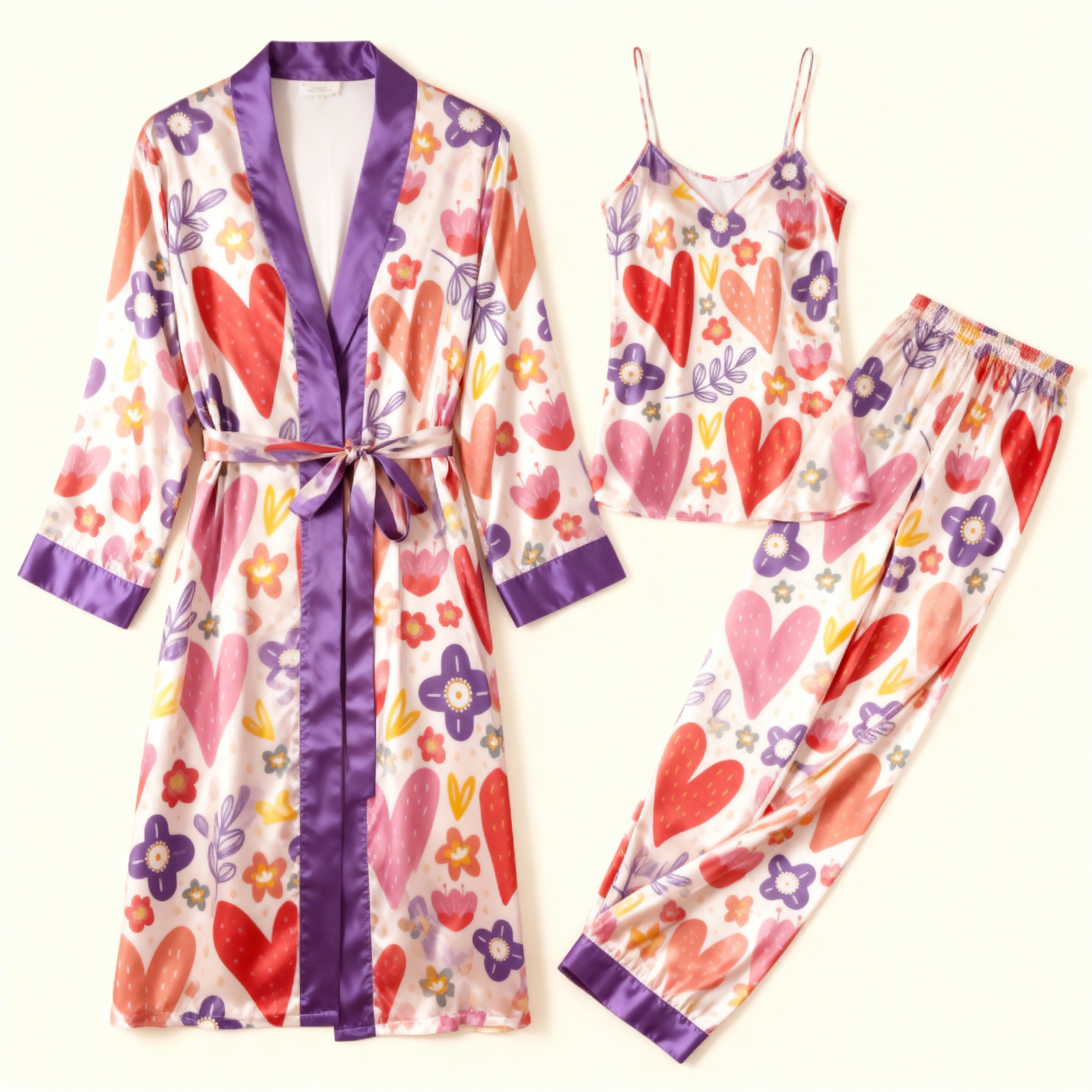 Women's 3pcs Chic Floral Satin Robe & Lounge Set