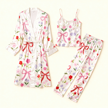 Women's 3-Piece Satin Playful Bow Print Sleepwear