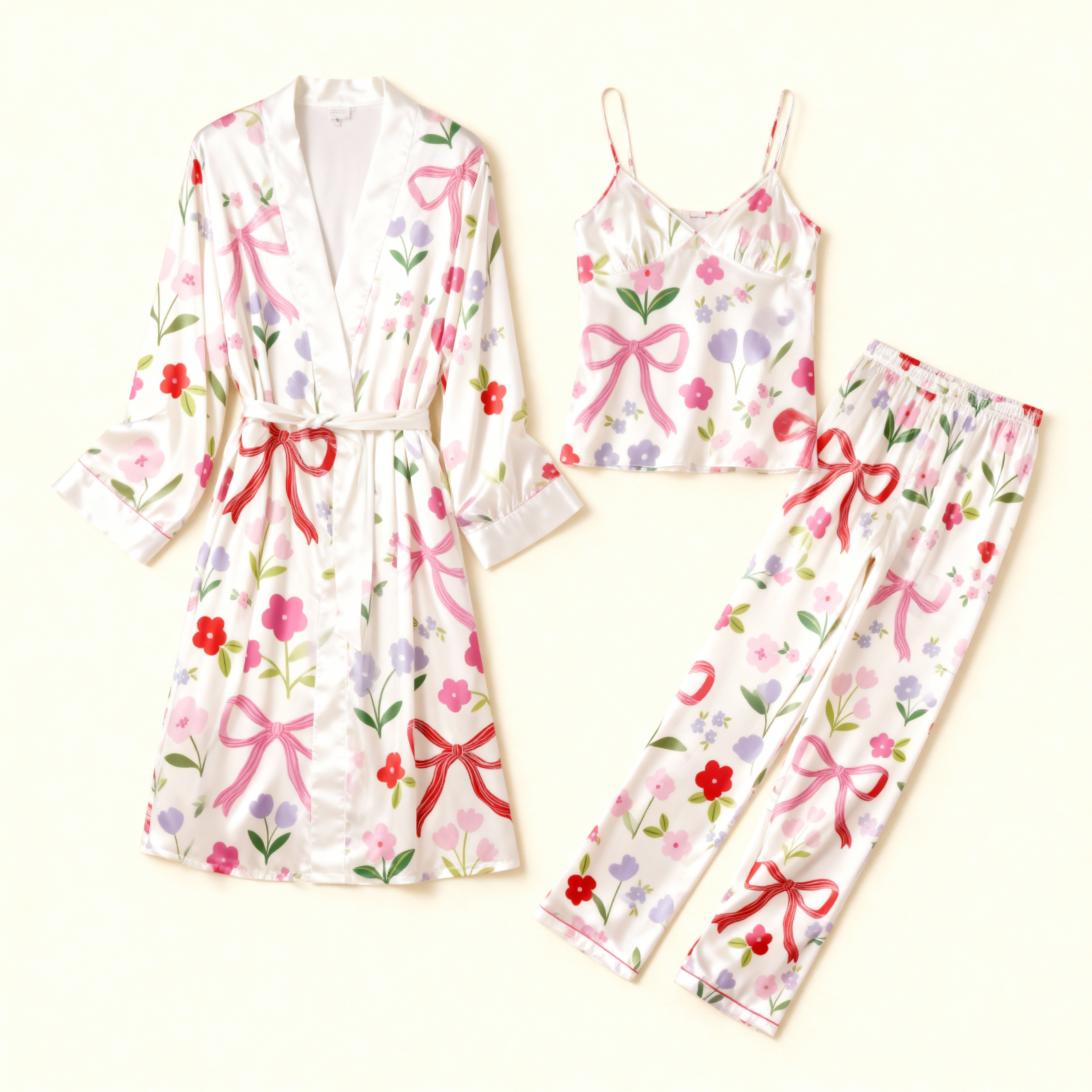 Women's 3-Piece Satin Playful Bow Print Sleepwear