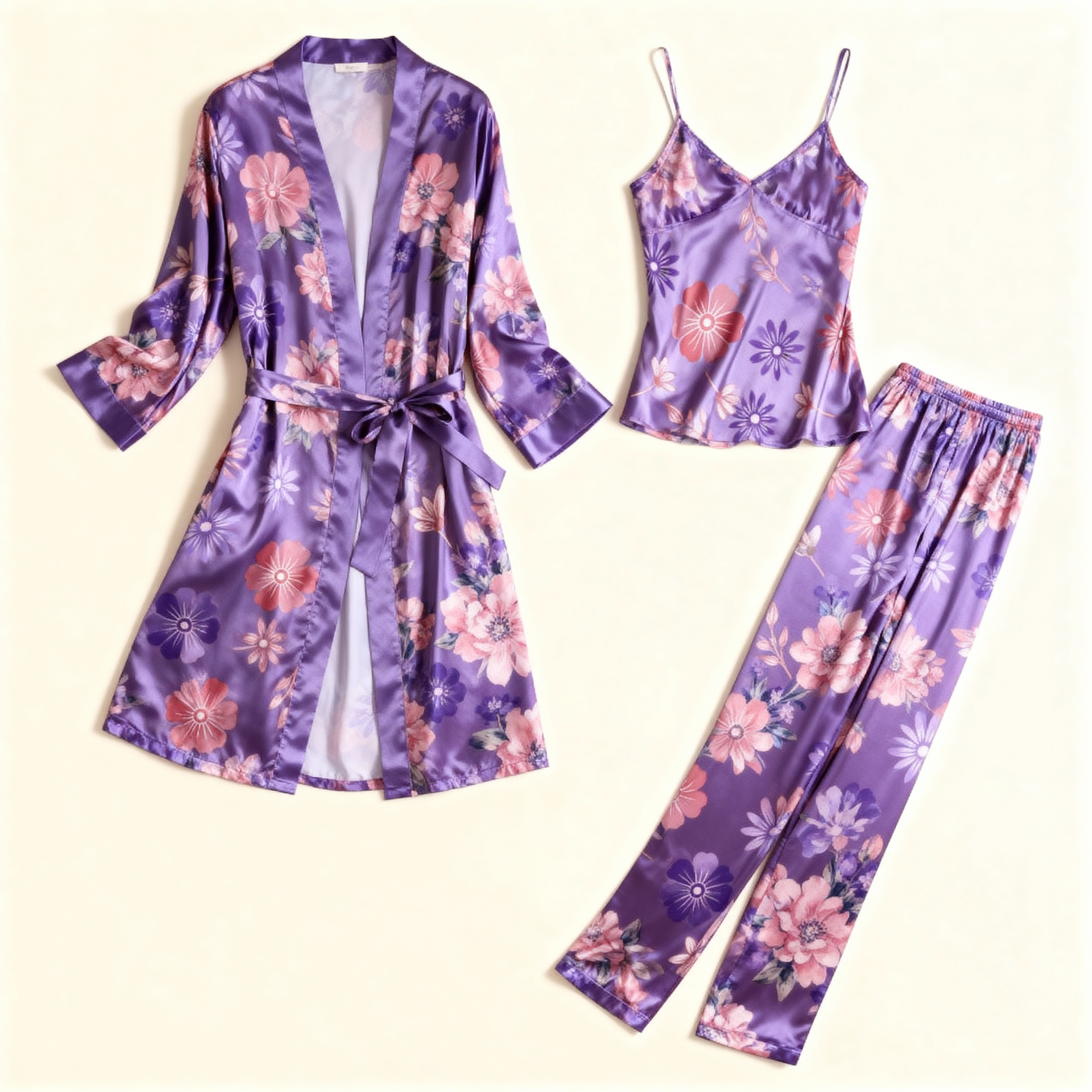 Women's 3-Piece Satin Floral Elegance Satin Pajamas Set