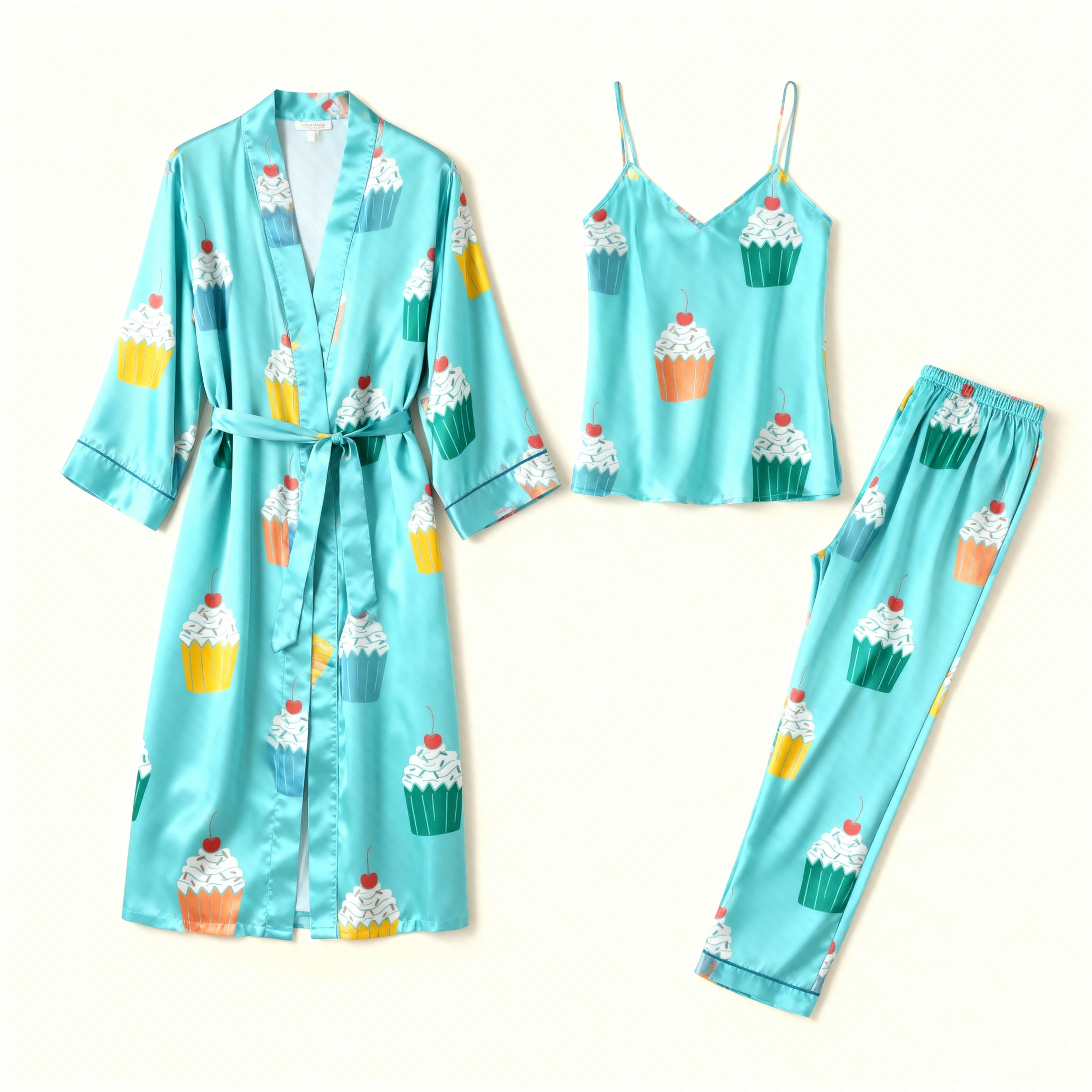 Women's 3-Piece Satin Cupcake Print Sleepwear