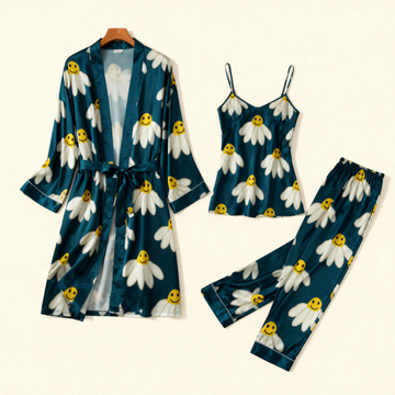 Women's 3-Piece Blooming Satin Robe & Sleepwear