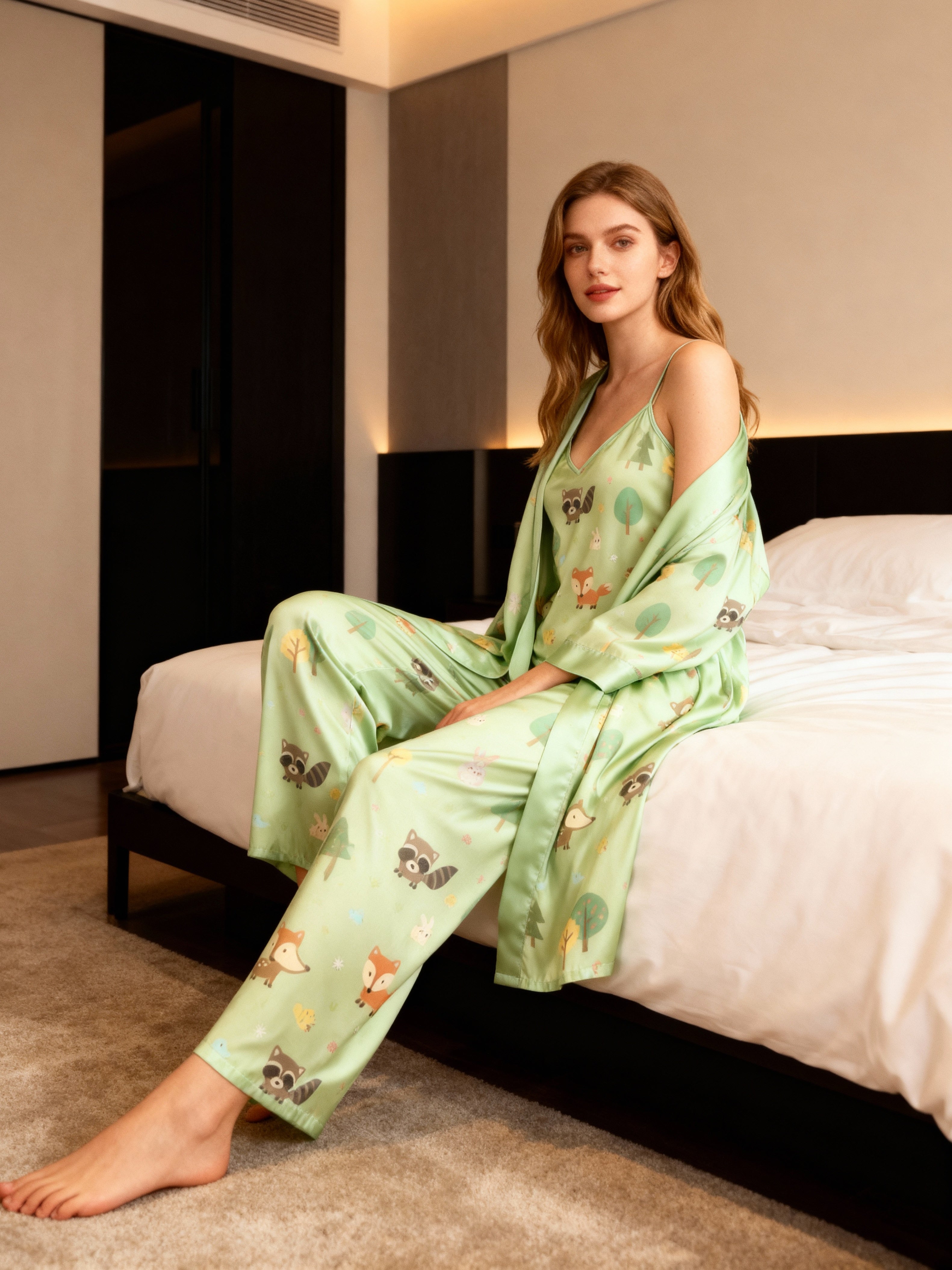 Women's Satin Pajama Set-3 Pieces Cute animal Print