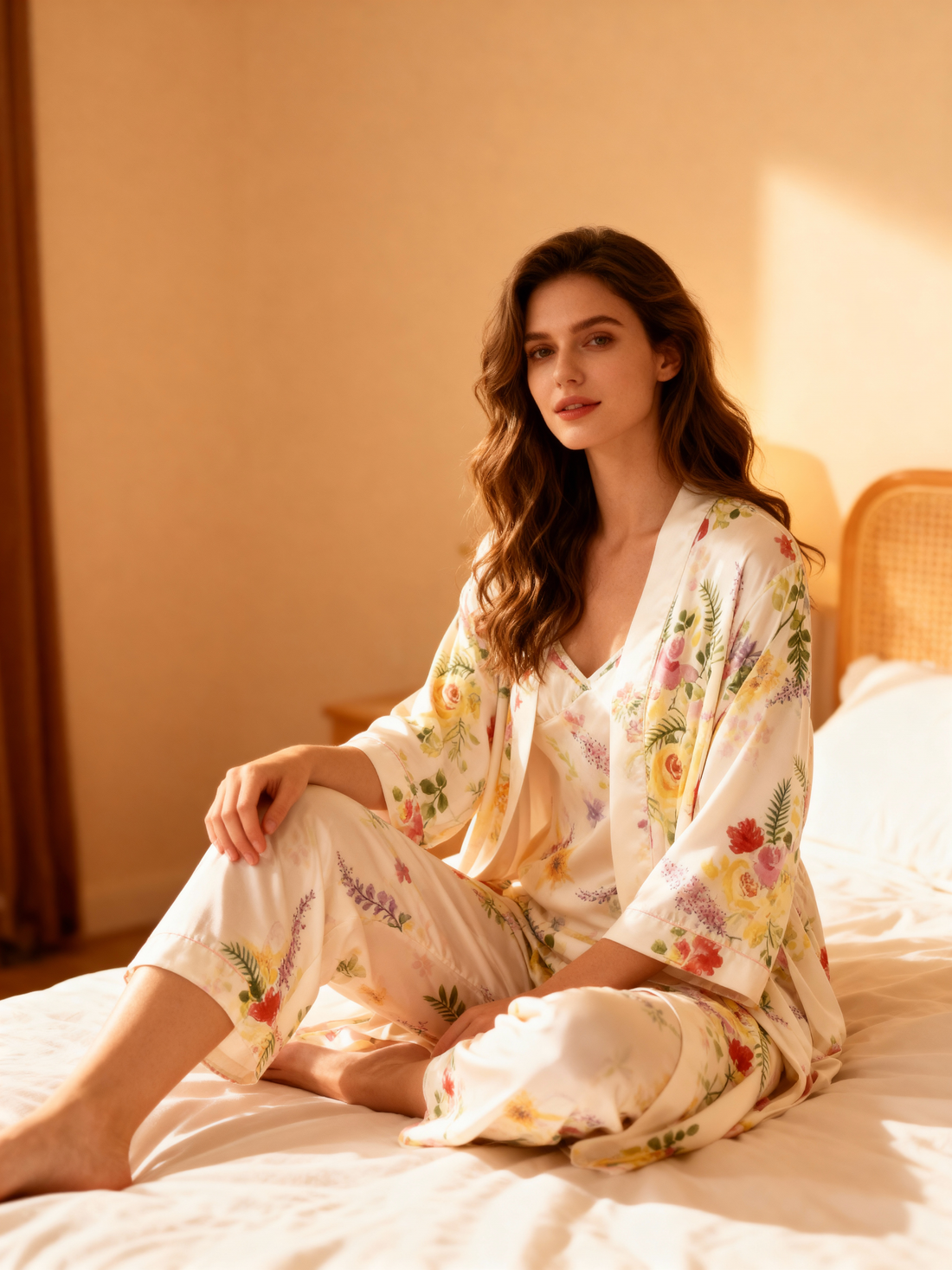 Satin PJ Set for Women-3 PCS Autumn Floral Print