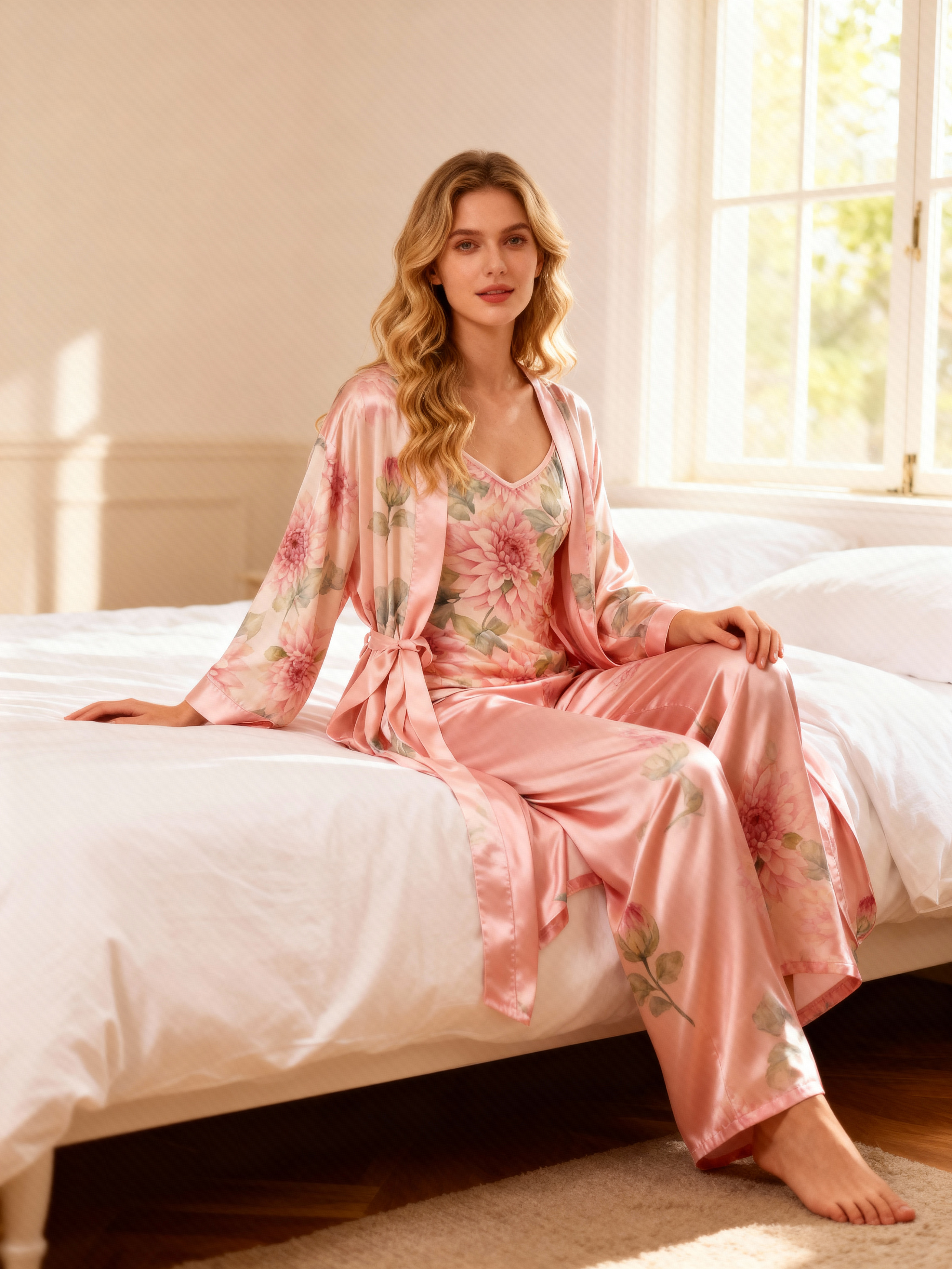 3-Piece Satin Nightwear-Women's Garden Flower Print
