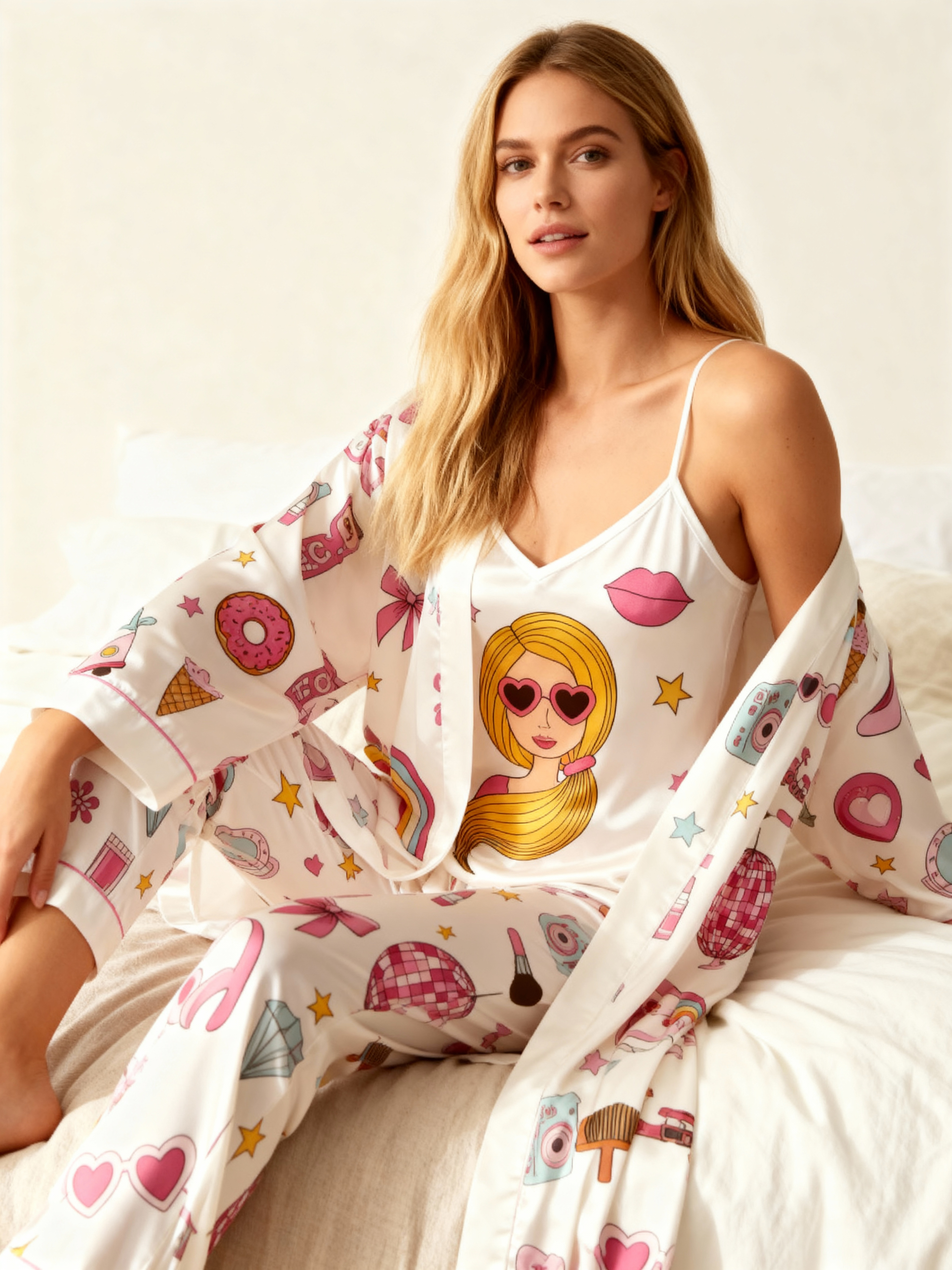 Chic Satin Nightwear-Women's 3 PCS Robe, Cami, Pants