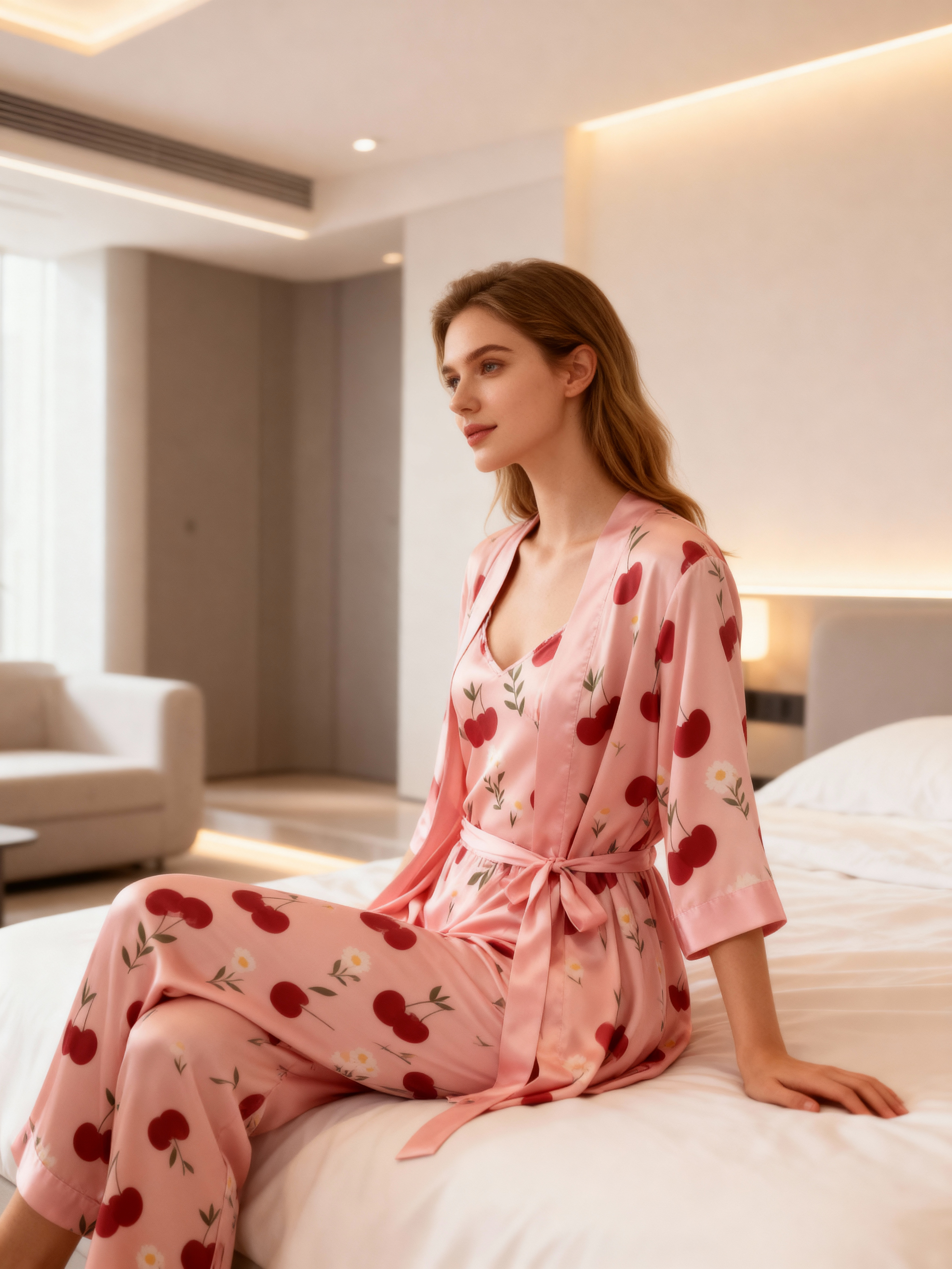 3-Piece Satin Nightwear-Cherry Print