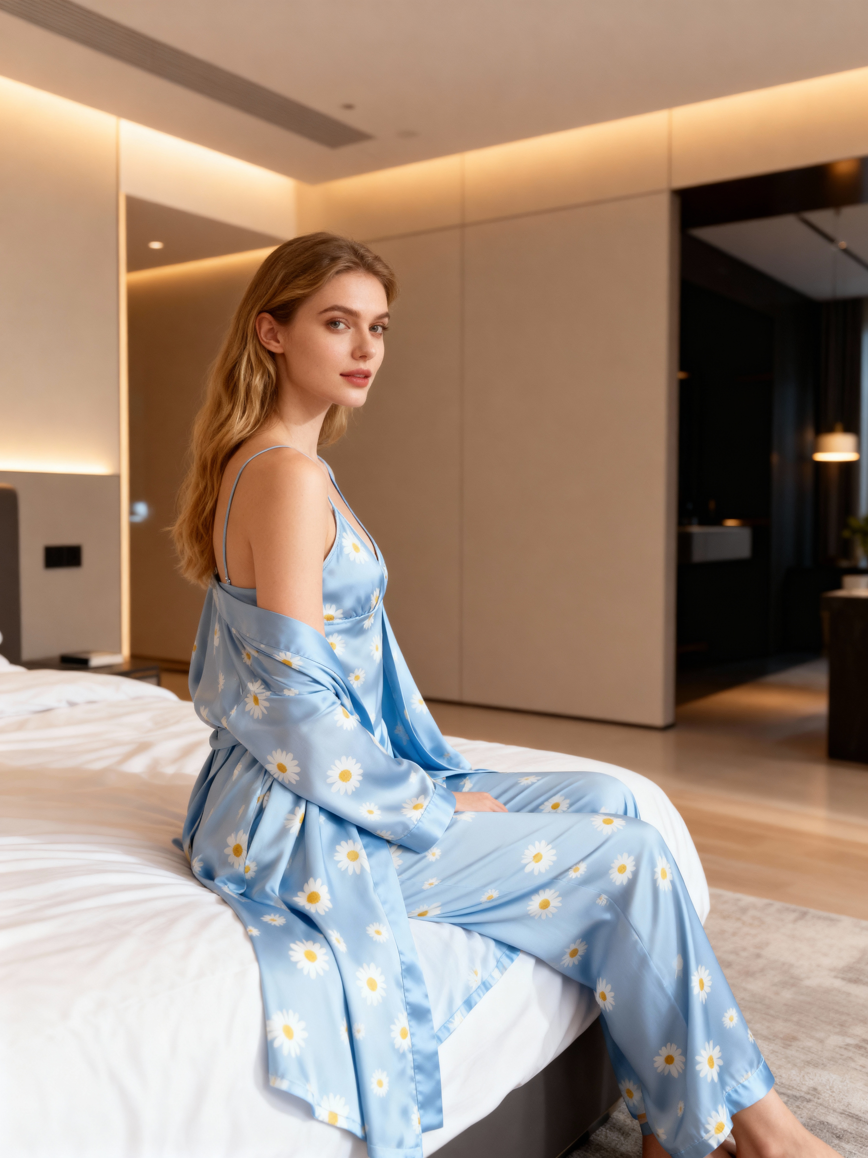 3-Piece Satin Nightwear-Daisy Print
