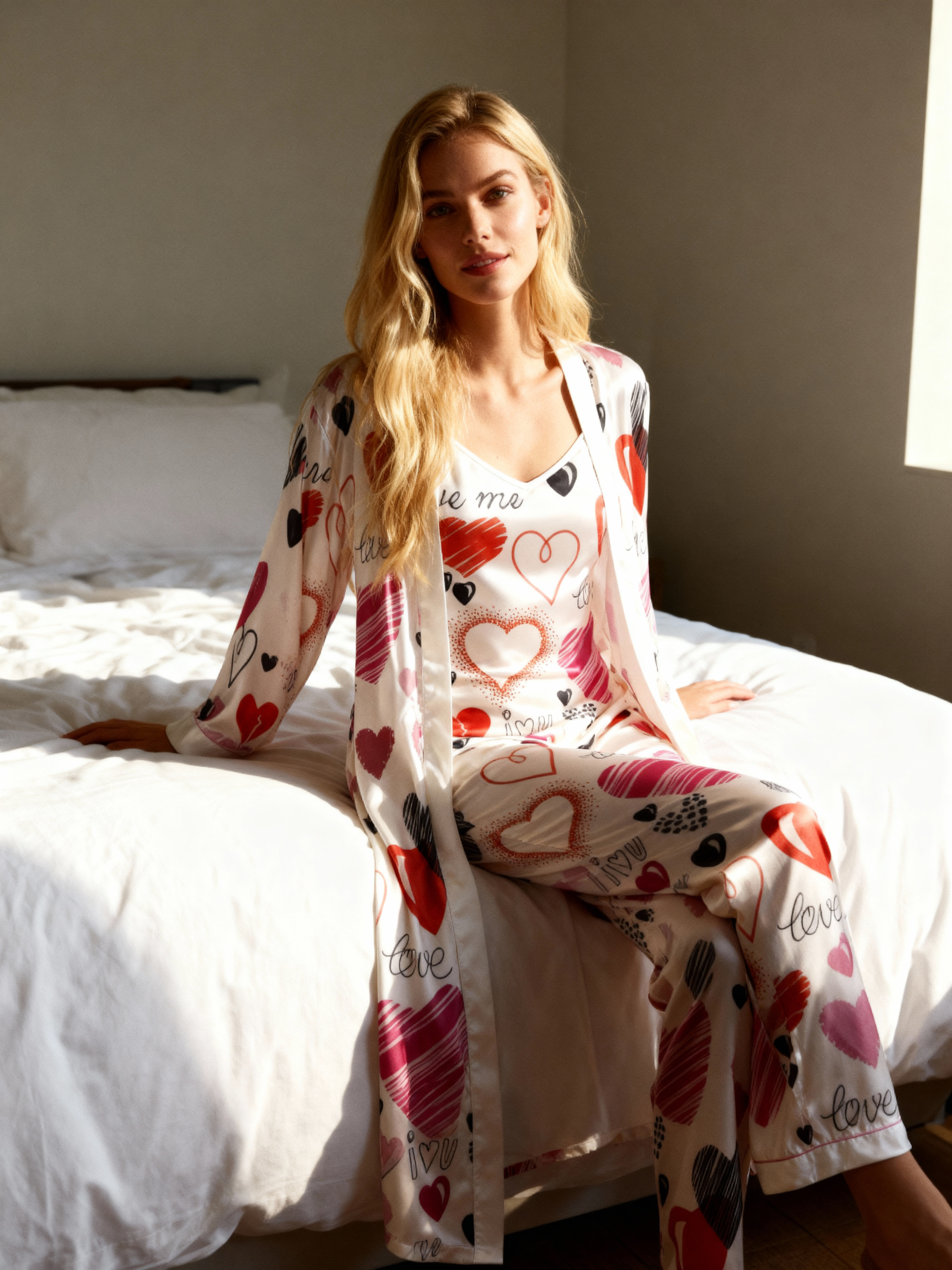 Elegant Heart Satin Sleepwear-Women's Robe, Cami & Pants 3-Piece Set
