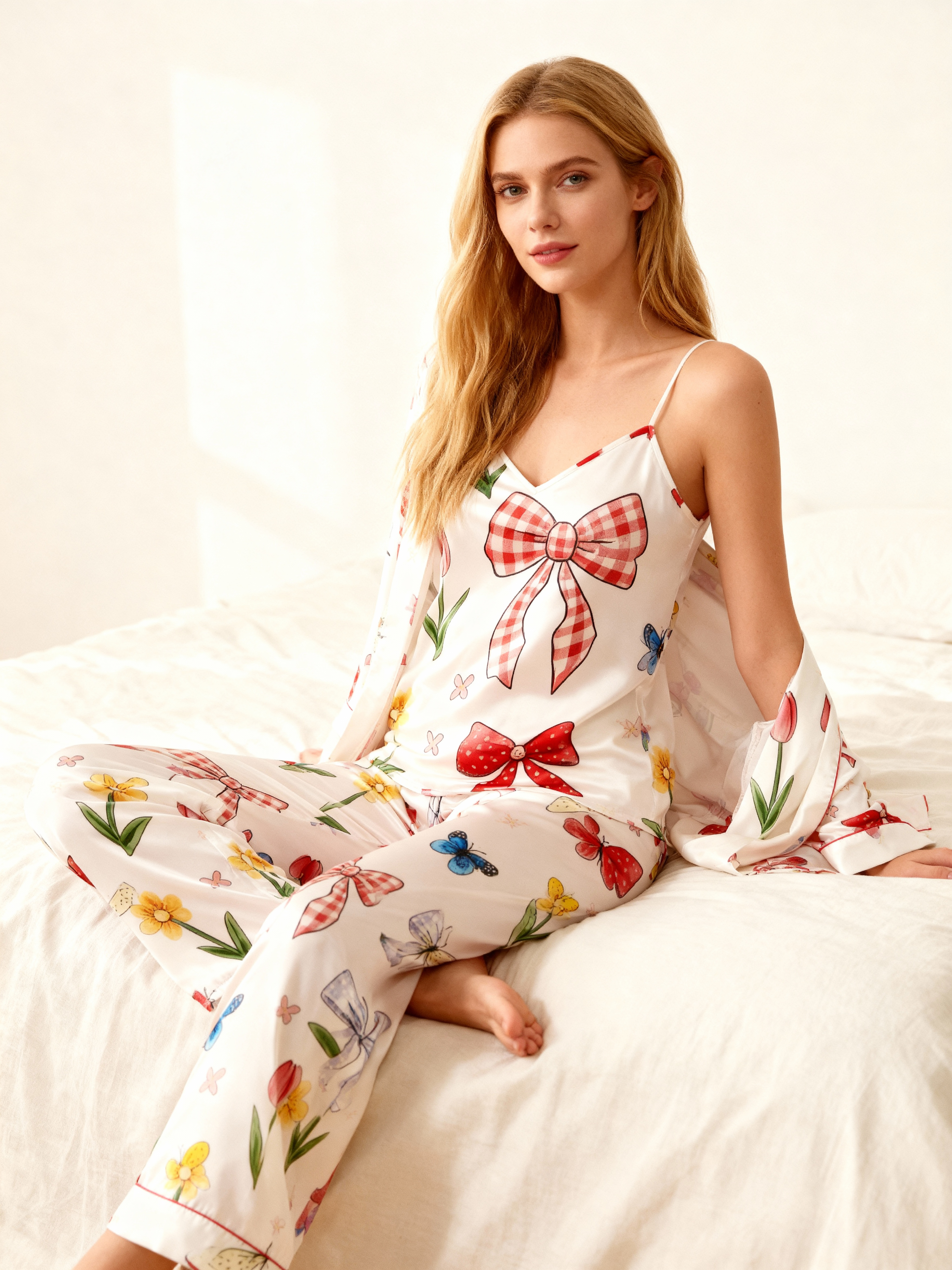 Women's 3pcs Bow-Adorned Satin Sleepwear Set