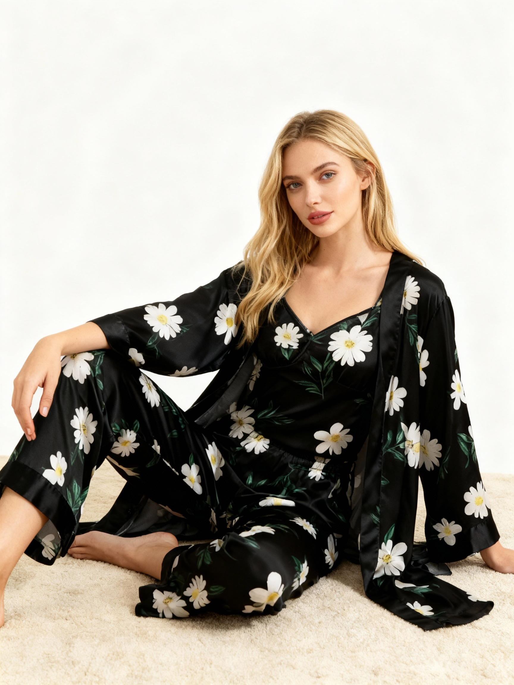 Satin 3-Piece Dreamy Black Sleepwear Set for Women