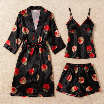 Floral Satin 3-Piece Sleepwear Set for Women - Robe, Camisole & Shorts