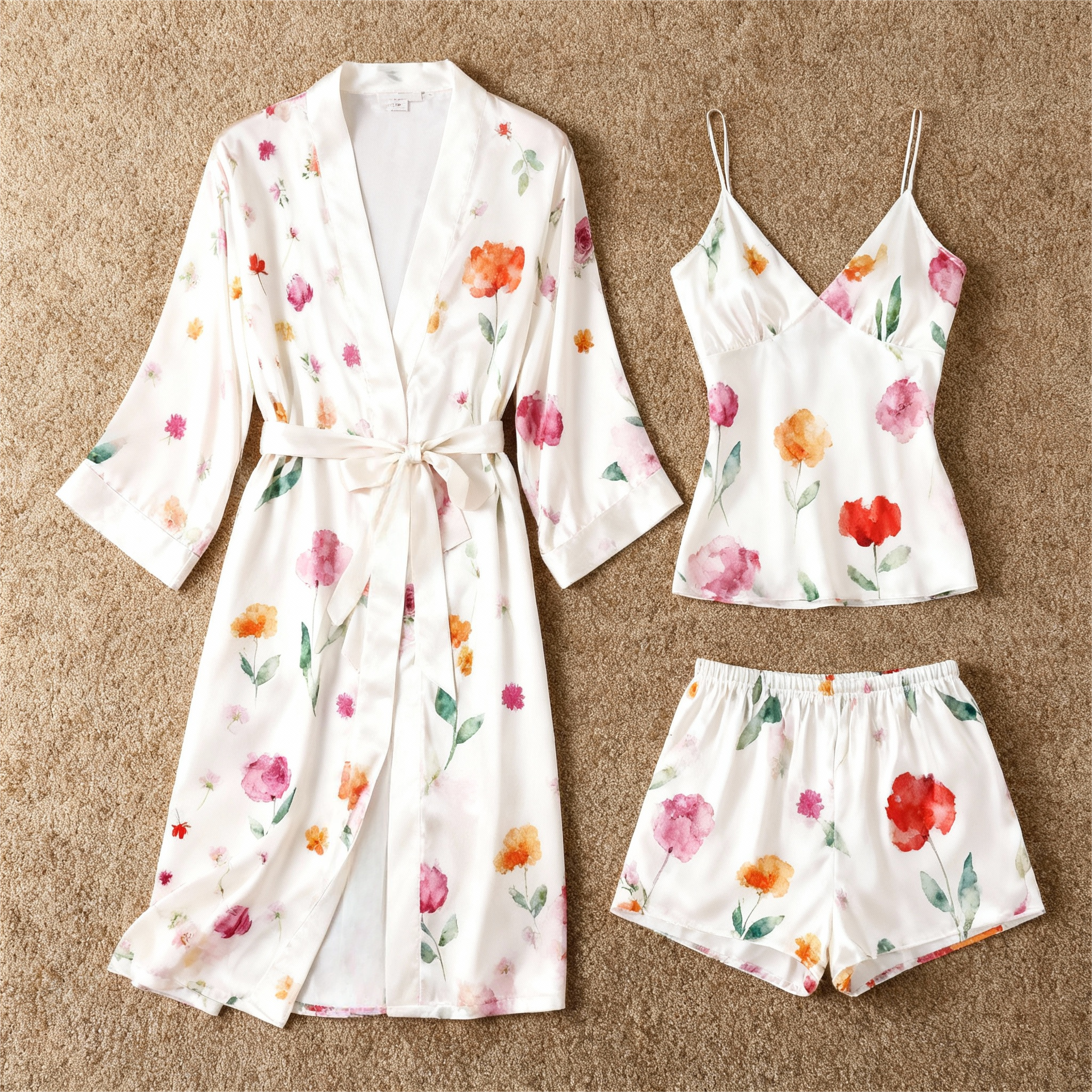 Women's Satin Sleepwear Set - Floral Robe, Cami Top, and Shorts