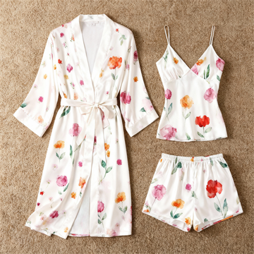 Women's Satin Sleepwear Set - Floral Robe, Cami Top, and Shorts