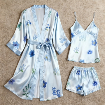 Romantic 3-Piece Satin Nightwear - Printed Robe, Camisole & Shorts