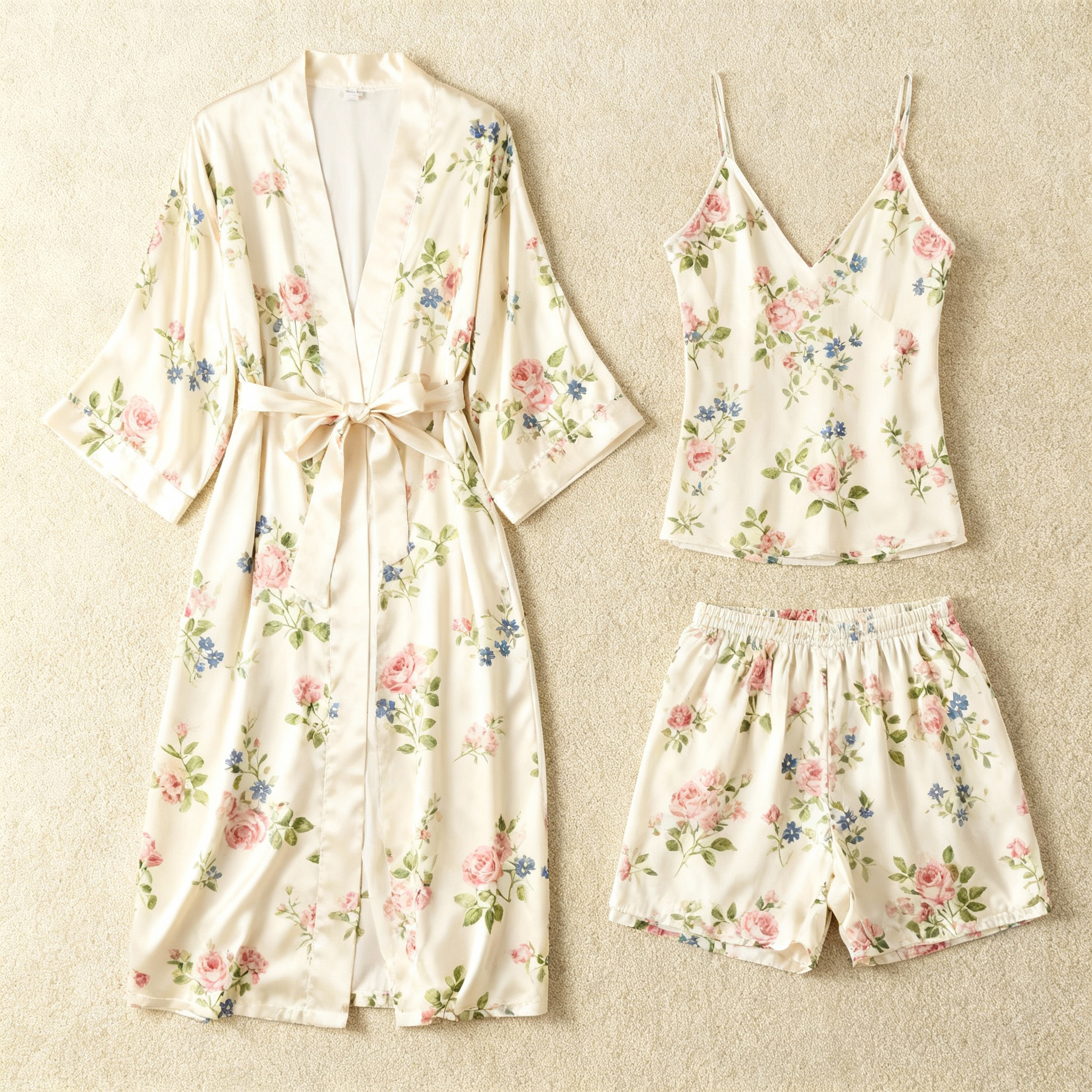 Luxurious Satin Lounge Set - Floral Print Robe, Cami, Shorts
