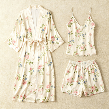 Luxurious Satin Lounge Set - Floral Print Robe, Cami, Shorts