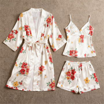 3-Piece Satin Pajama Set - Flower Print Robe, Camisole & Shorts