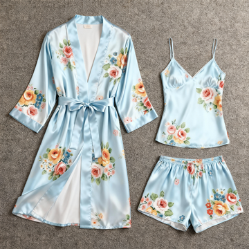 Satin Nightwear Set for Women - Elegant Floral Robe, Cami, and Shorts