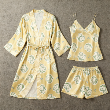 Printed Satin Sleep Set - 3 Pieces Women's Pajamas
