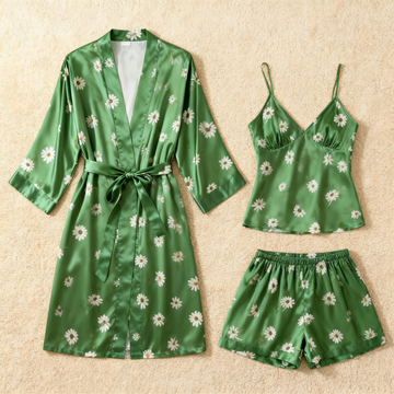 Women's 3-Piece Satin Pajama Set - Stylish Printed Nightwear