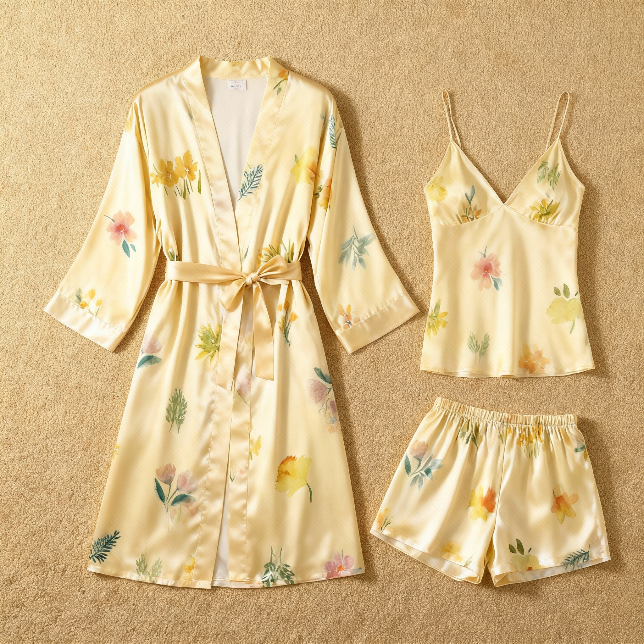 Elegant Printed Satin Pajama Set - 3 Pieces Lounge Set for Women