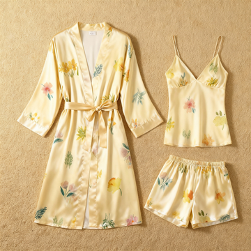 Elegant Printed Satin Pajama Set - 3 Pieces Lounge Set for Women