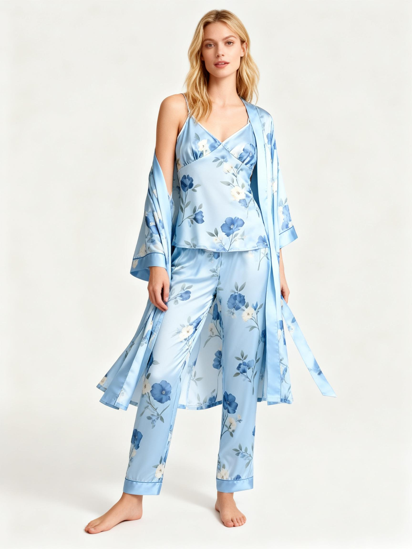 Women's Luxury Satin Pajama Set-3-Piece Flower Design Robe
