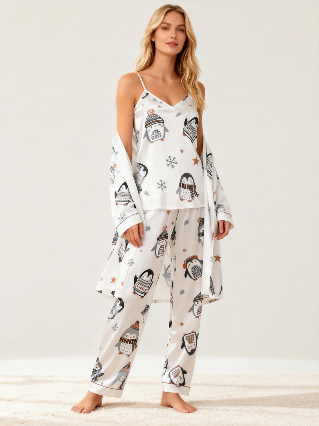 Women's Satin 3-Piece Cute Penguin Print Pajamas with Robe