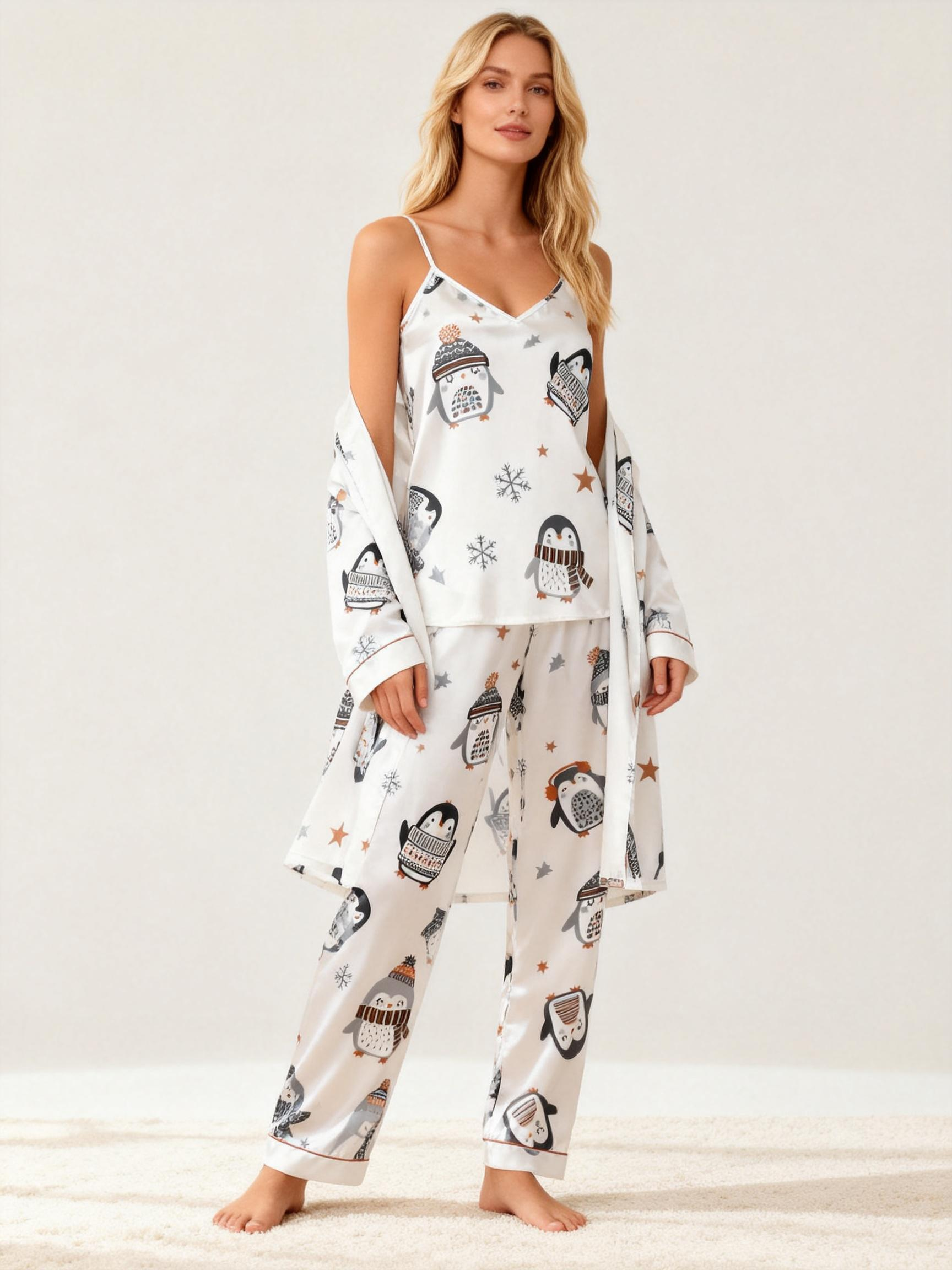 Women's Satin 3-Piece Cute Penguin Print Pajamas with Robe