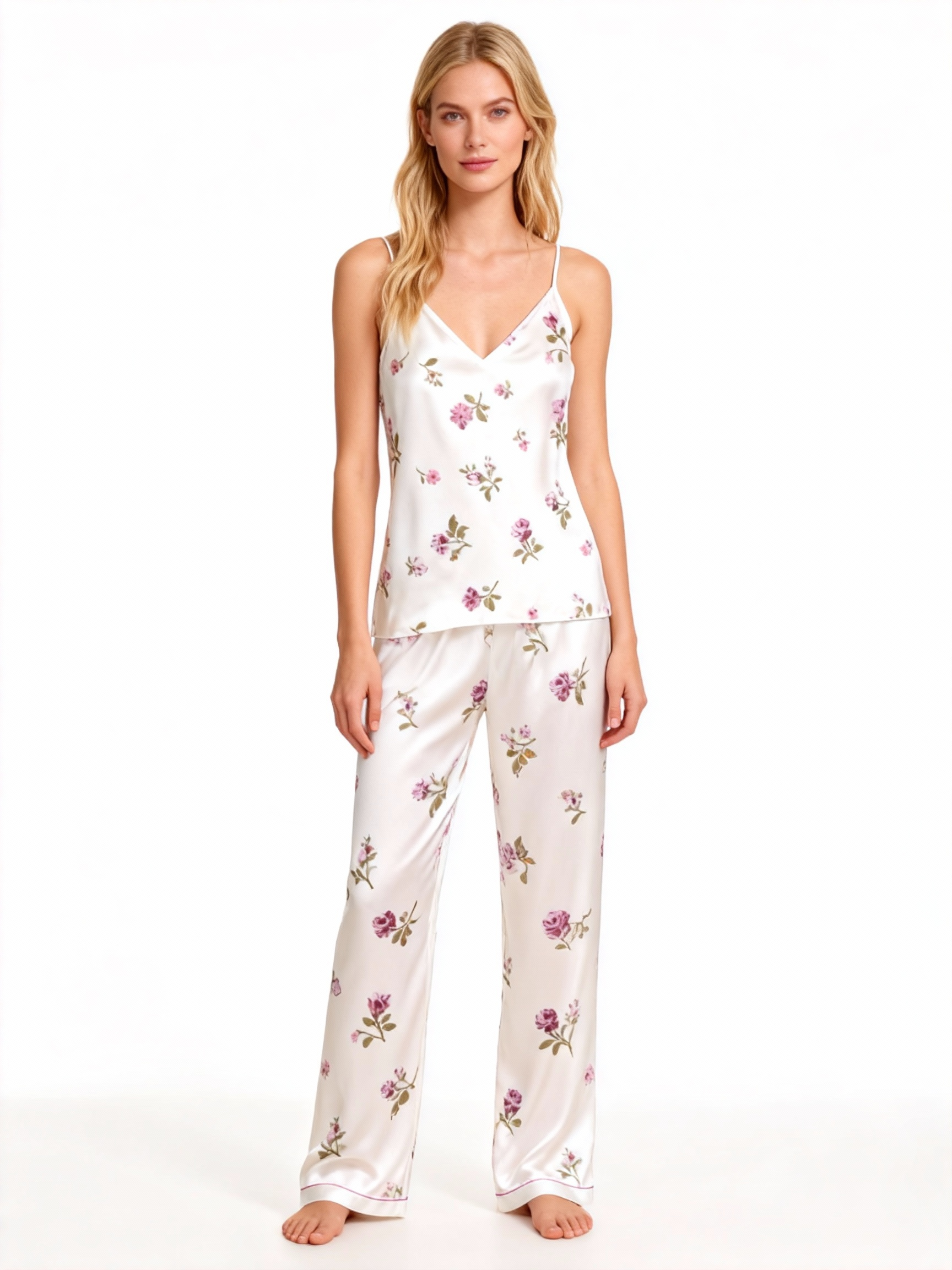 Satin 3-Piece Sleepwear Set with Elegant Botanical Print