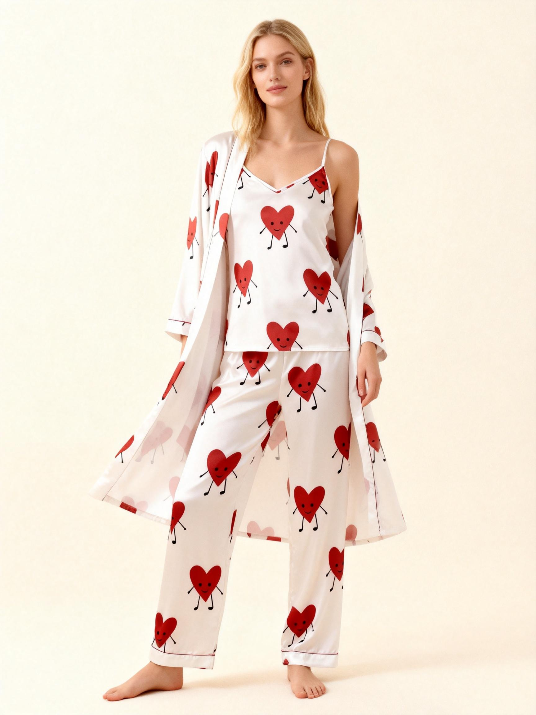 Lovely Heart Satin Sleepwear-Women's 3-Piece Night Set with Robe