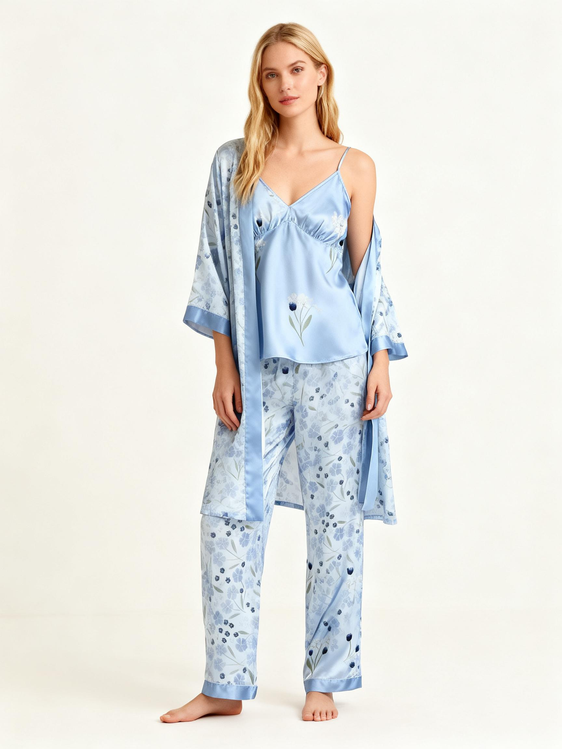 Women's Satin Sleepwear Set-3-Piece Flower Print Pajamas with Robe & Pants