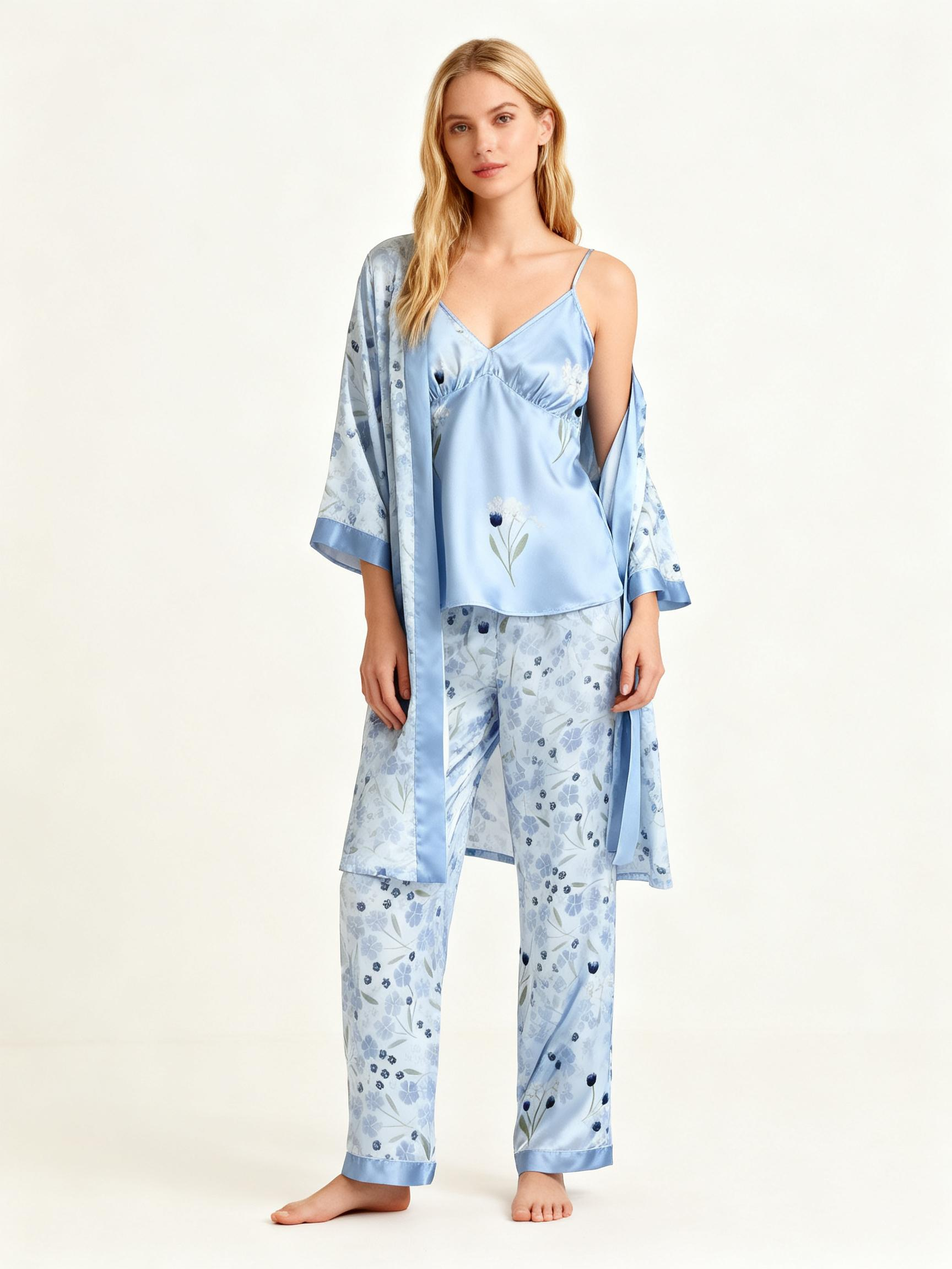Women's Satin Sleepwear Set-3-Piece Flower Print Pajamas with Robe & Pants