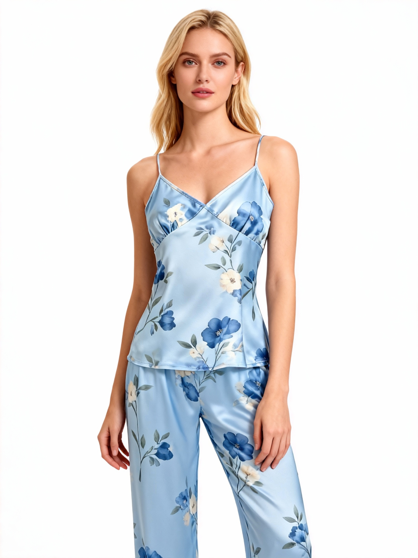 Women's Luxury Satin Pajama Set-3-Piece Flower Design Robe