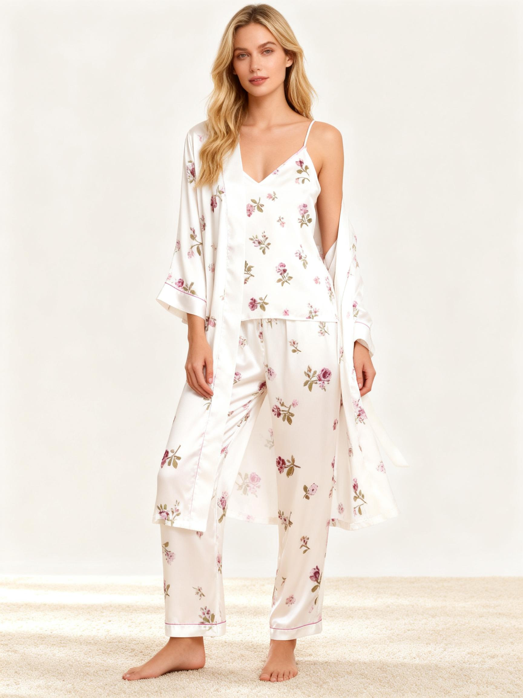 Satin 3-Piece Sleepwear Set with Elegant Botanical Print