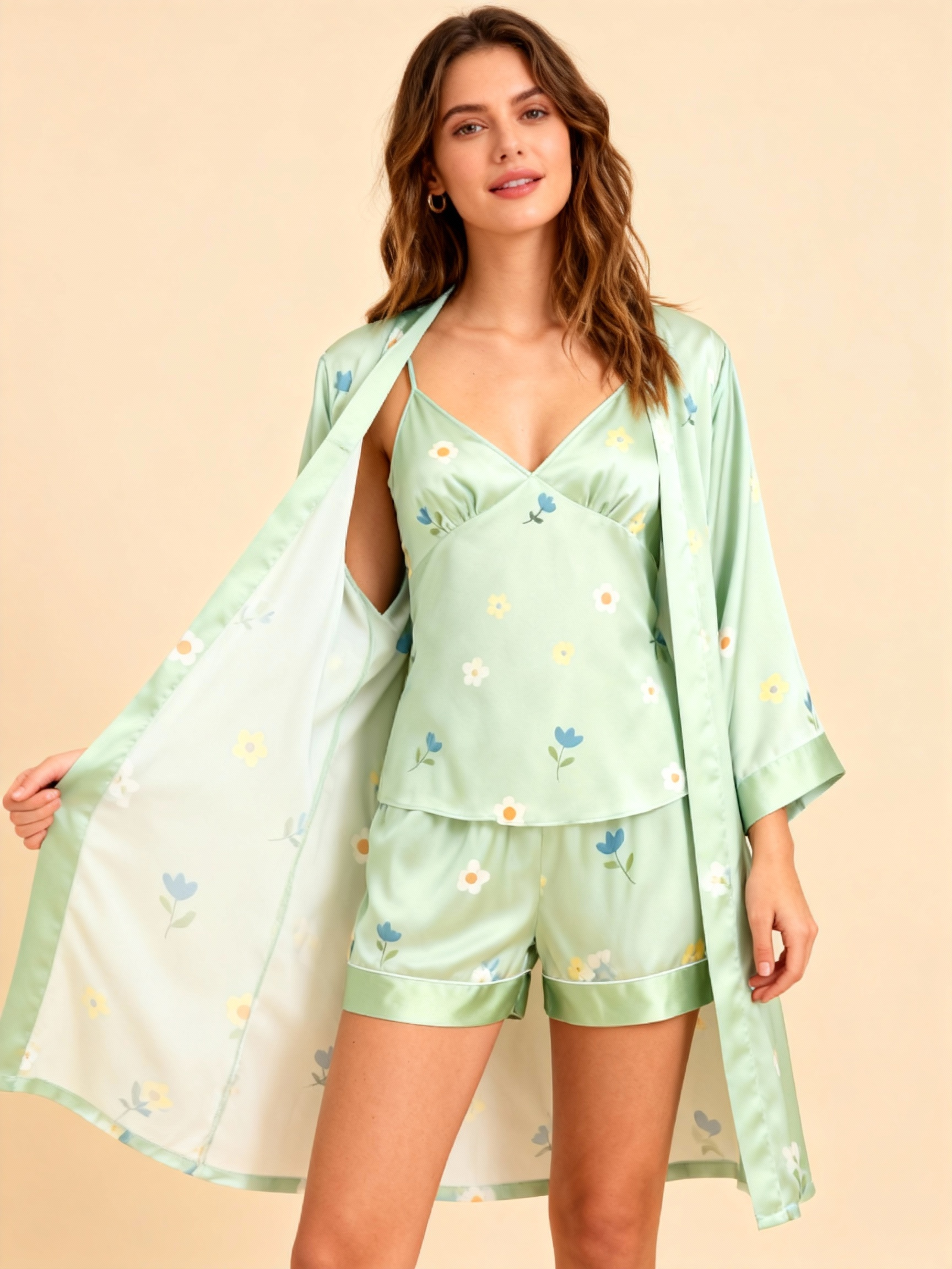 Satin Sleep Set - 3-Piece Floral Nightwear for Women