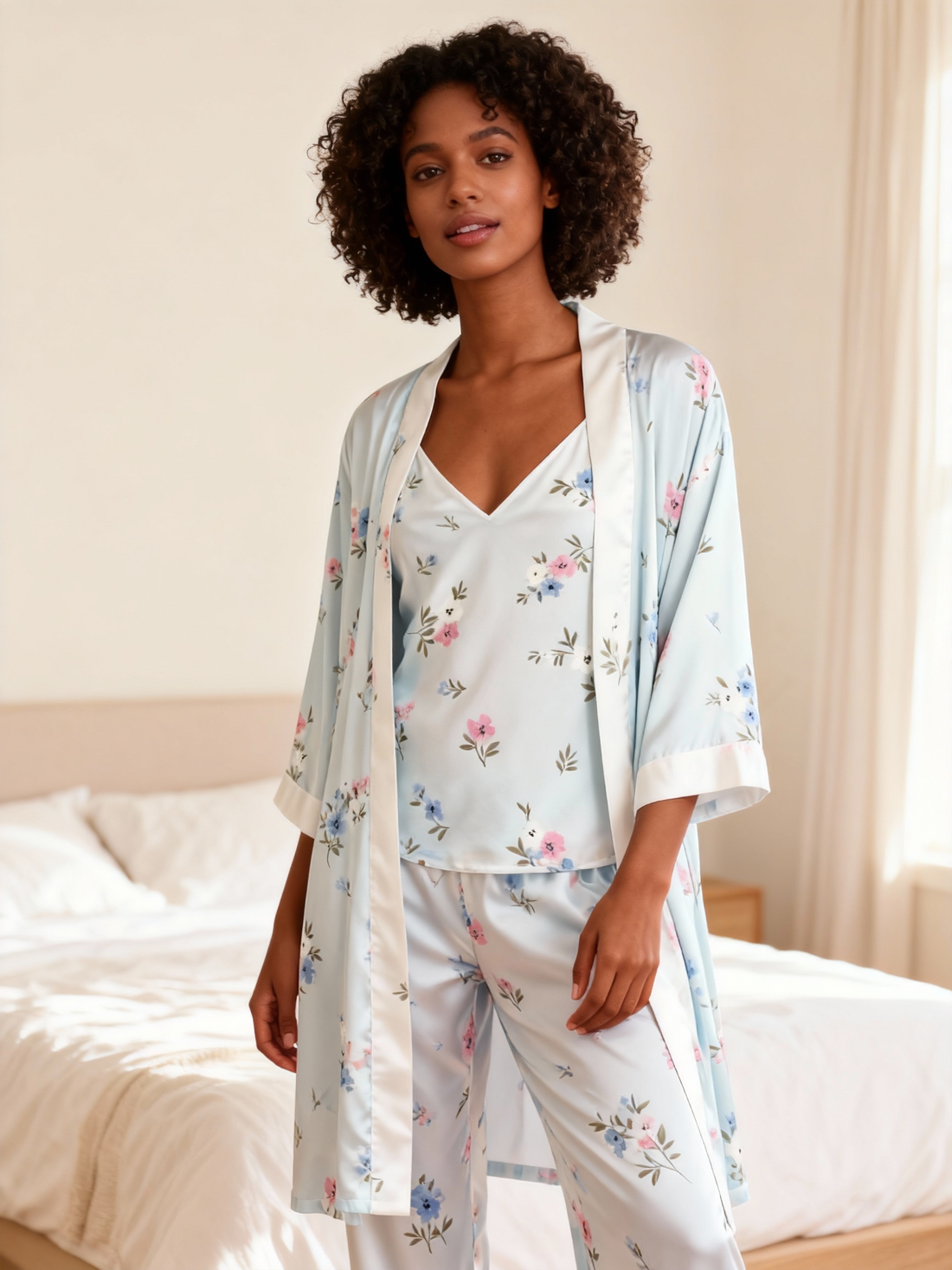 Satin 3-Piece Sleepwear Set with Simple Floral Design