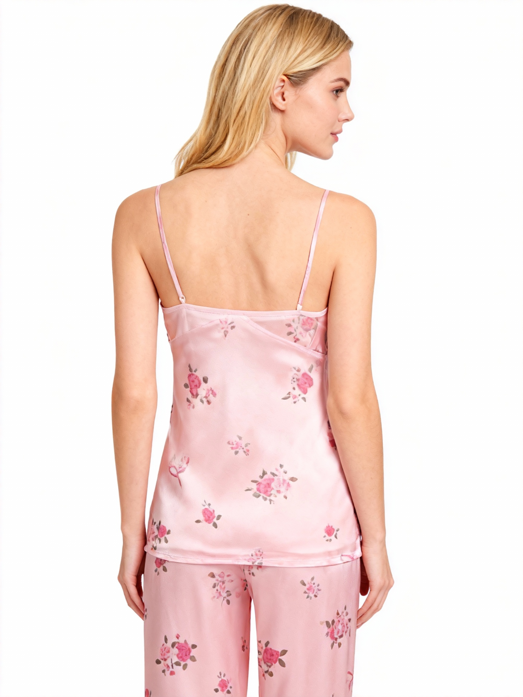 Women's Pink Silky Satin Homewear Set with Romantic Floral Motifs