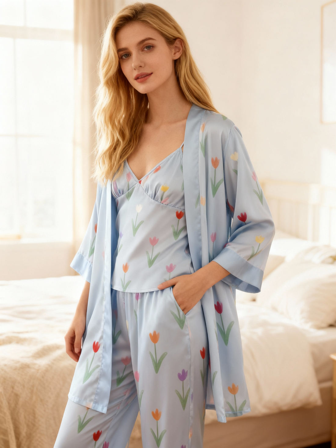 Soft Florals Design Feminine Satin Pajama Trio